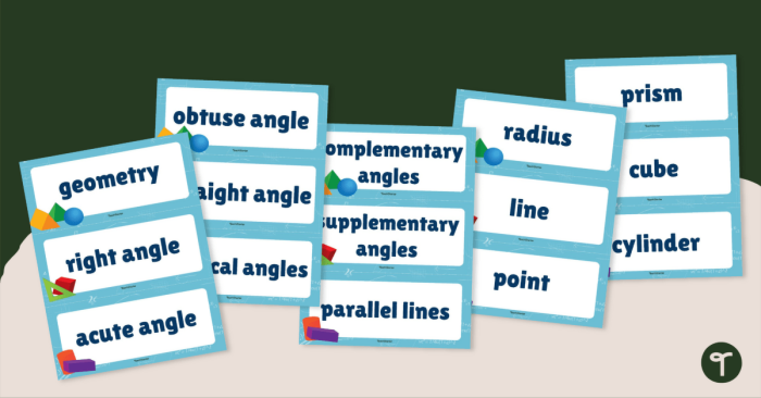Vocabulary cards illustrating geometry lines for fourth-grade students