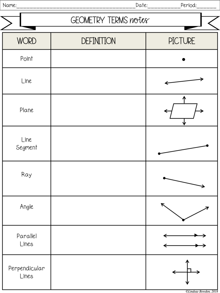 Fourth grade geometry vocabulary cards featuring line definitions for subtraction math support