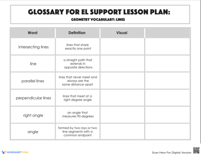 Fourth grade geometry worksheet featuring printable vocabulary cards for identifying various types of lines