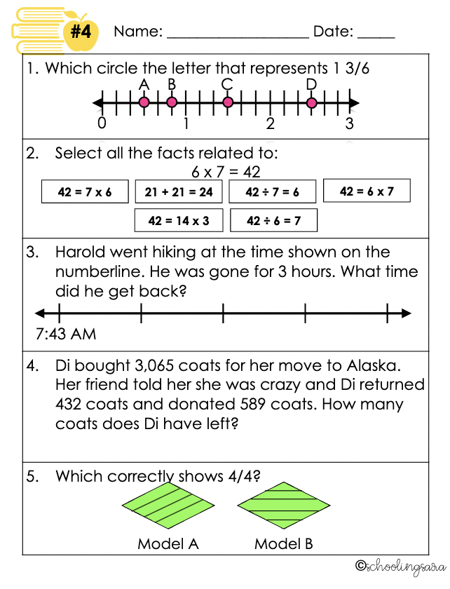 Fourth grade geometry assessment worksheet showing shapes, angles, and spatial reasoning problems for year-end review