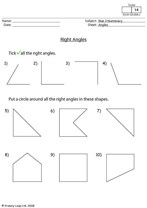 A worksheet designed for fourth graders to practice right angles in geometry