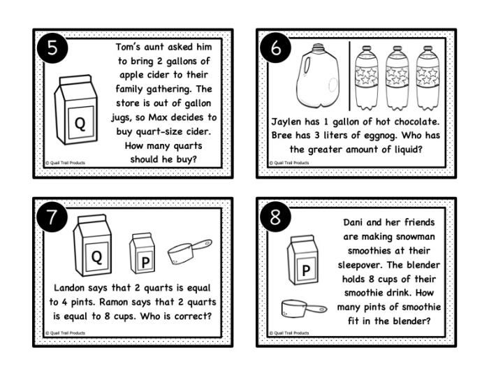 Fourth grade worksheet featuring a liquid measurement conversion chart and practice problems