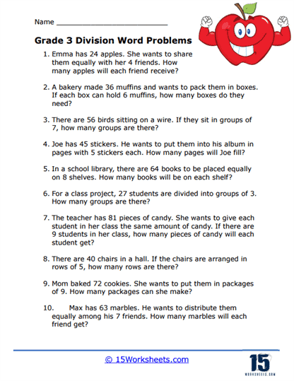 Long Division Word Problems Worksheet 13 for Grade 4 Geometry Fourth grade long division word problems worksheet with space to write equations for geometry math tasks