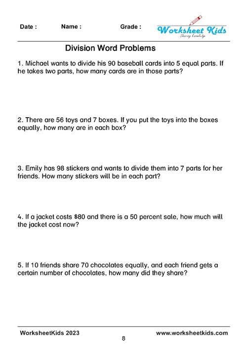 Long Division Word Problems Worksheet for Grade 4 Geometry Practice Fourth grade worksheet featuring long division word problems to solve with equations