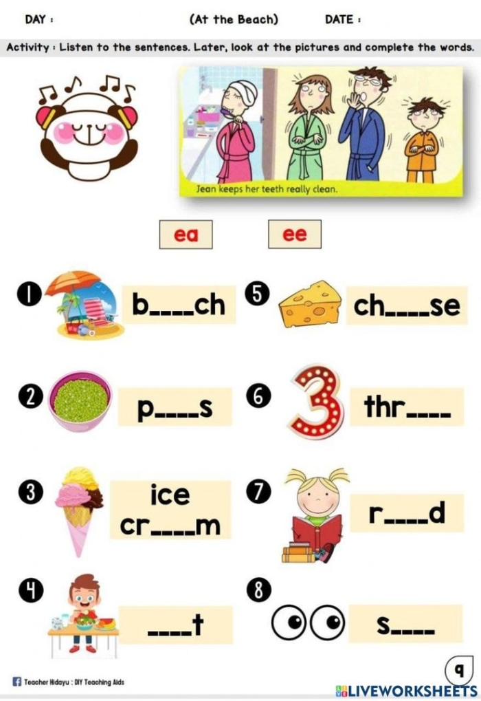 Fourth grade worksheet featuring a vowel team sorting activity for long E sounds spelled with ee and ea