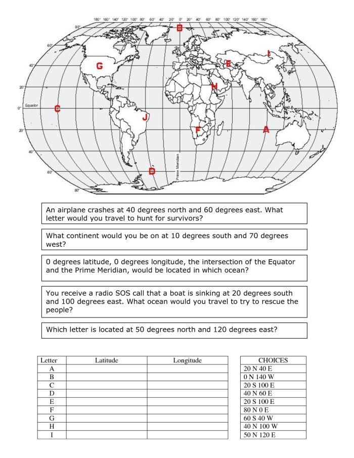 Latitude and Longitude worksheet for fourth graders focusing on map skills