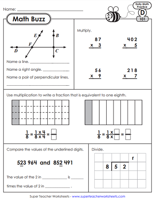 Fourth Grade Math Skills Review Worksheet Page 17 with Geometry Practice Problems Math Mixed Review Part 1 Flying Through Fourth Grade worksheet image 17 showing multi-digit subtraction and prime number identification problems for student assessment