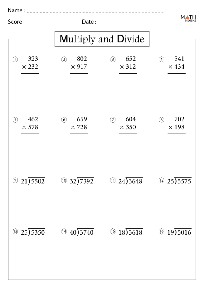 Fourth Grade Multiplication and Division Worksheets