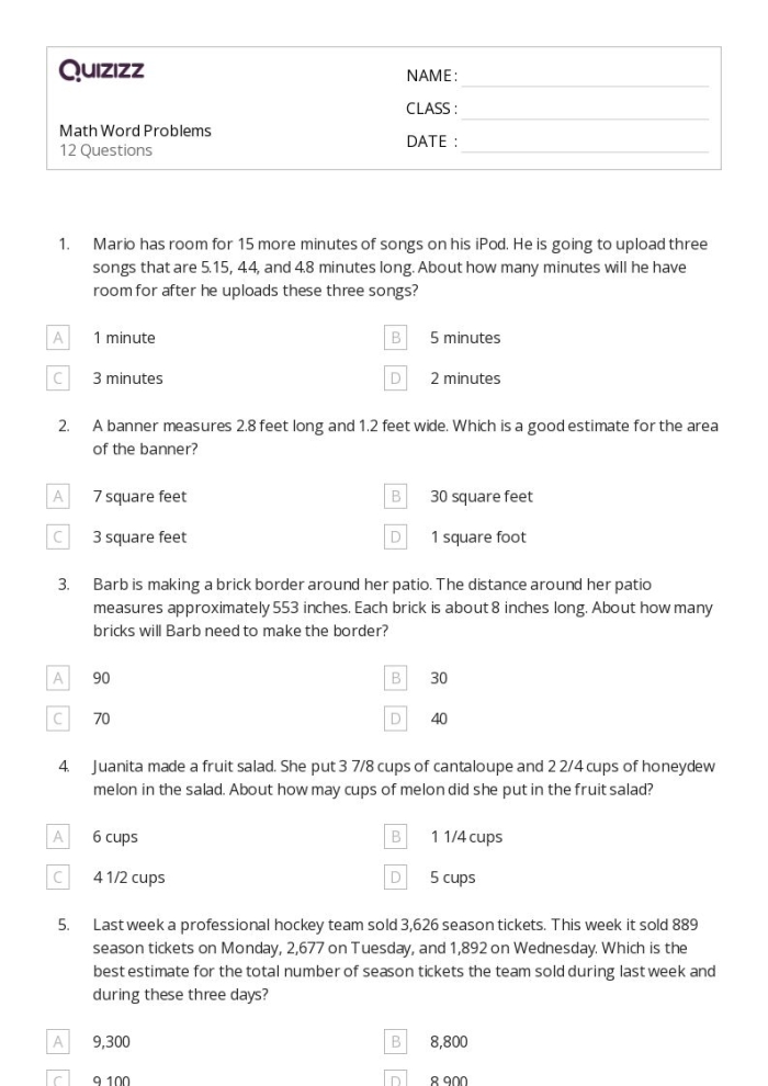 Fourth grade worksheet featuring a collection of challenging word problems to build math skills