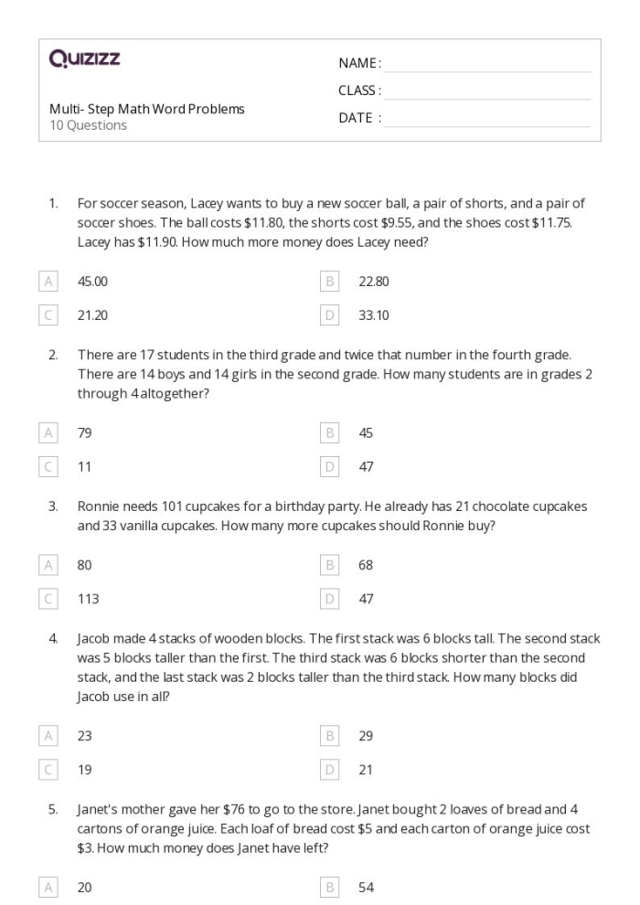 Math skills word problems worksheet for fourth grade students focusing on numbers and counting