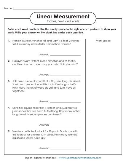 Worksheet for practicing conversions between inches, feet, and yards for fourth graders