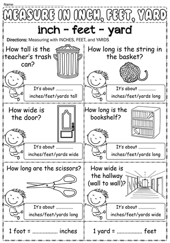 Worksheet for practicing conversions between inches, feet, and yards for fourth graders