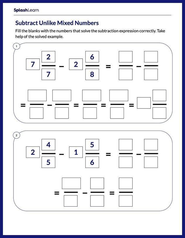 Fourth grade math worksheet featuring visual shaded shapes for adding and subtracting mixed numbers