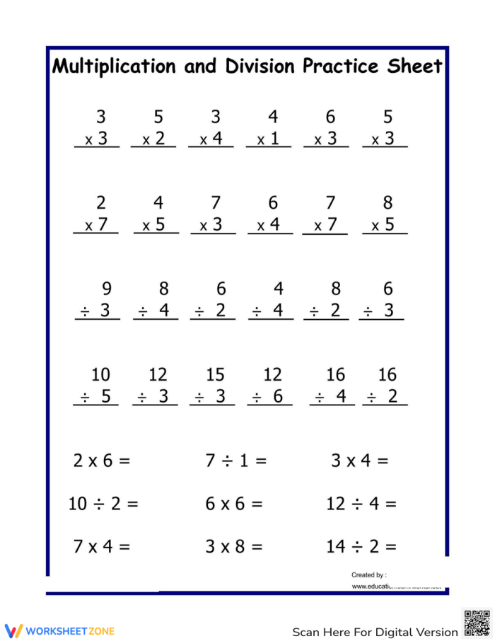 Multiplication and Division Practice Worksheet for Fourth Graders Fourth-grade multiplication and division practice worksheet featuring engaging exercises