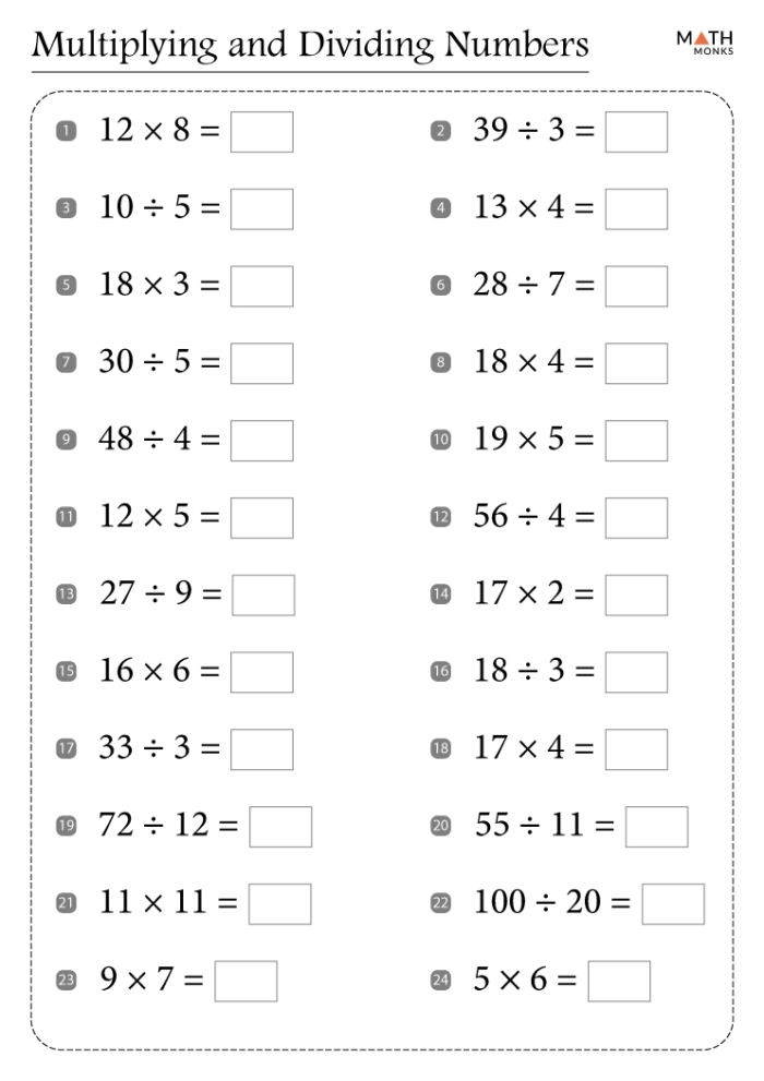 Multiplication and Division Practice Worksheet for Fourth Grade Number 24 Fourth grade math worksheet featuring multiplication and division practice problems number 24