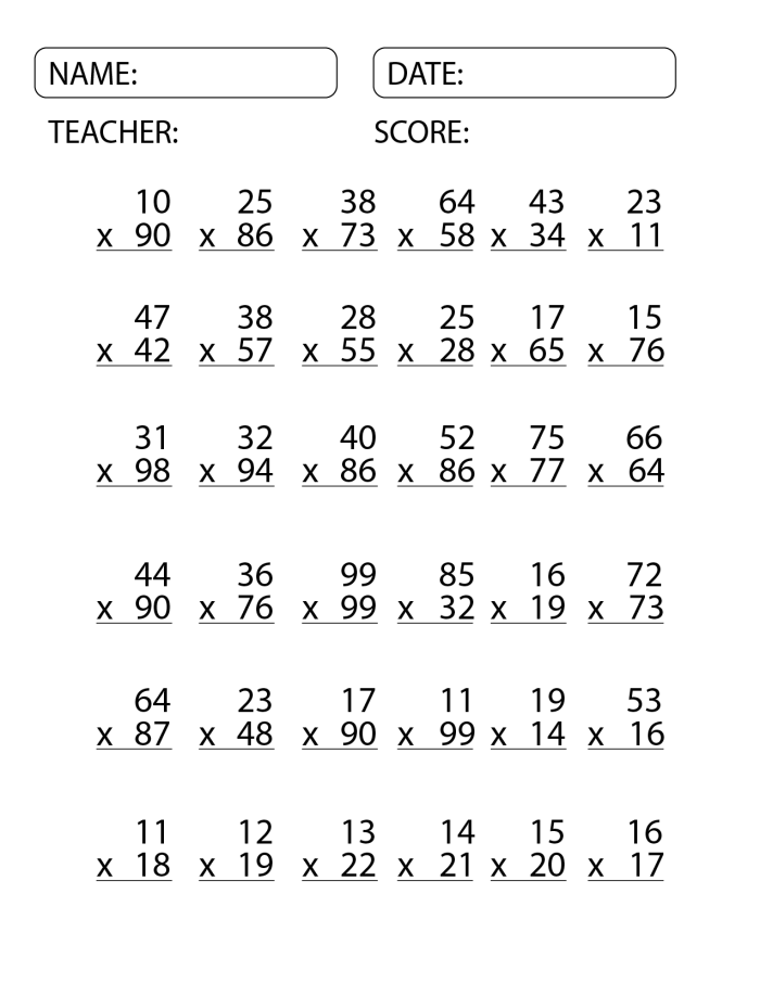 2-Digit multiplication practice worksheet for fourth graders focusing on one-digit multipliers