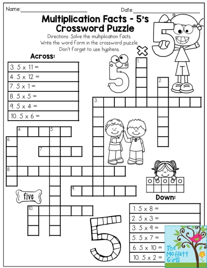 Multiplication crossword puzzle worksheet designed for fourth-grade students to solve math equations