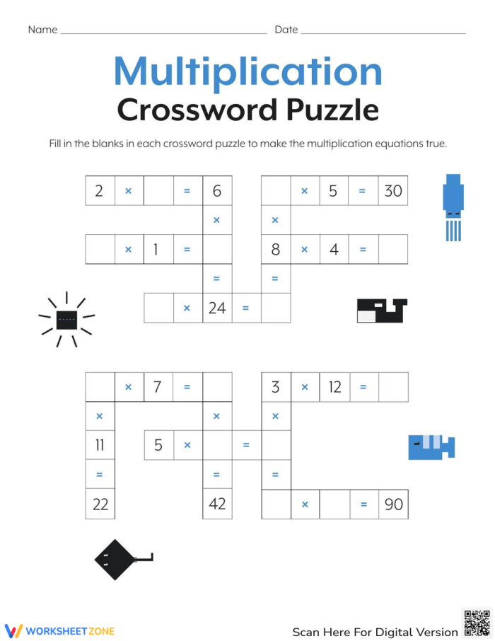 Multiplication crossword puzzle worksheet for fourth graders featuring engaging math problems