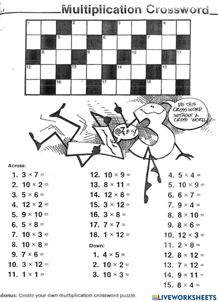 Fourth grade student working on a multiplication crossword puzzle worksheet for math practice