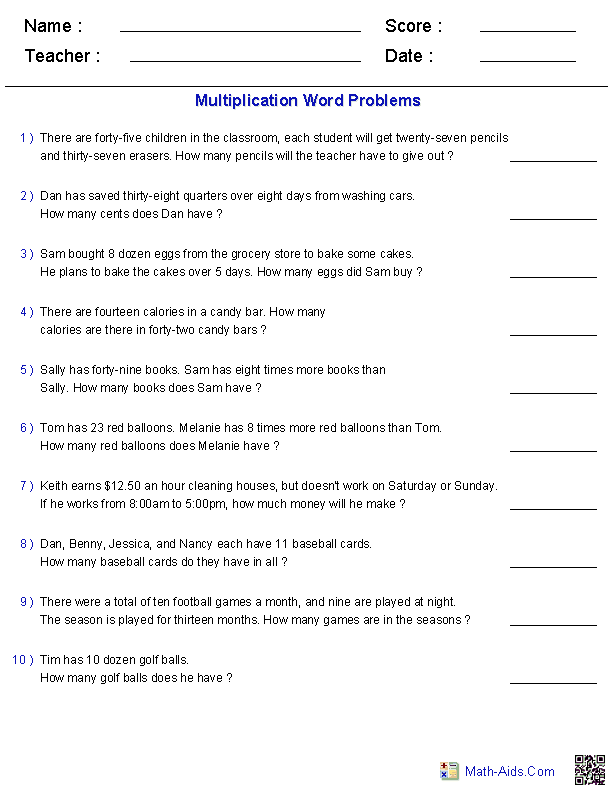 Classroom Math multiplication challenges for elementary students learning two-digit multiplication strategies Fourth grade multiplication word problems worksheet with two-digit number exercises for measurement concepts