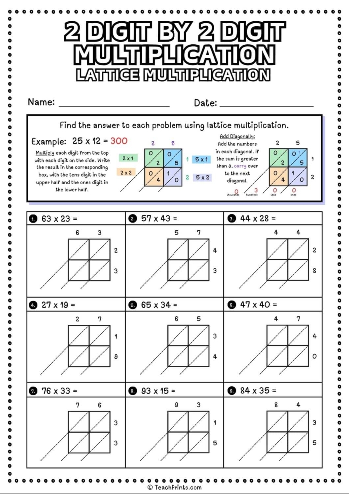 Fourth grade math worksheet featuring a variety of 2-digit by 2-digit multiplication problems