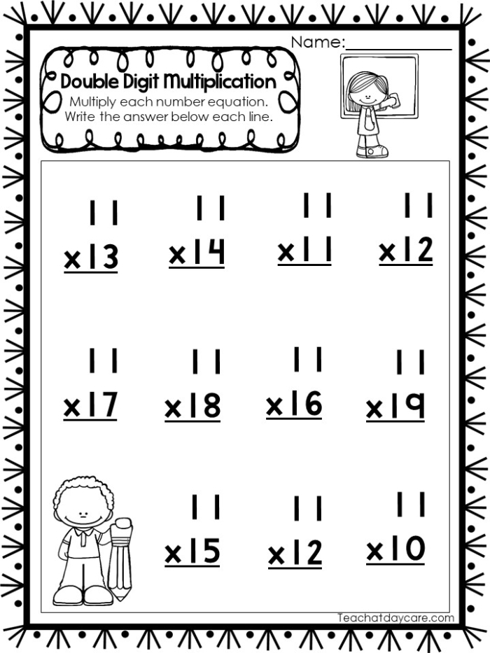 Double-Digit Multiplication Worksheet Practice for Fourth Grade Three Fourth grade student working on a double-digit multiplication worksheet with space to show their work