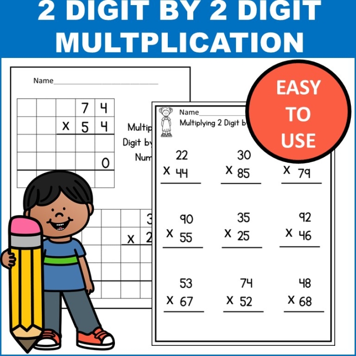 Fourth grade student working on a 2-digit multiplication worksheet with single-digit factors
