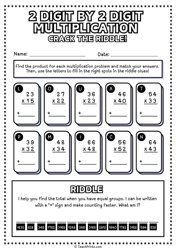 Worksheet for practicing two-digit by two-digit multiplication for fourth and fifth graders