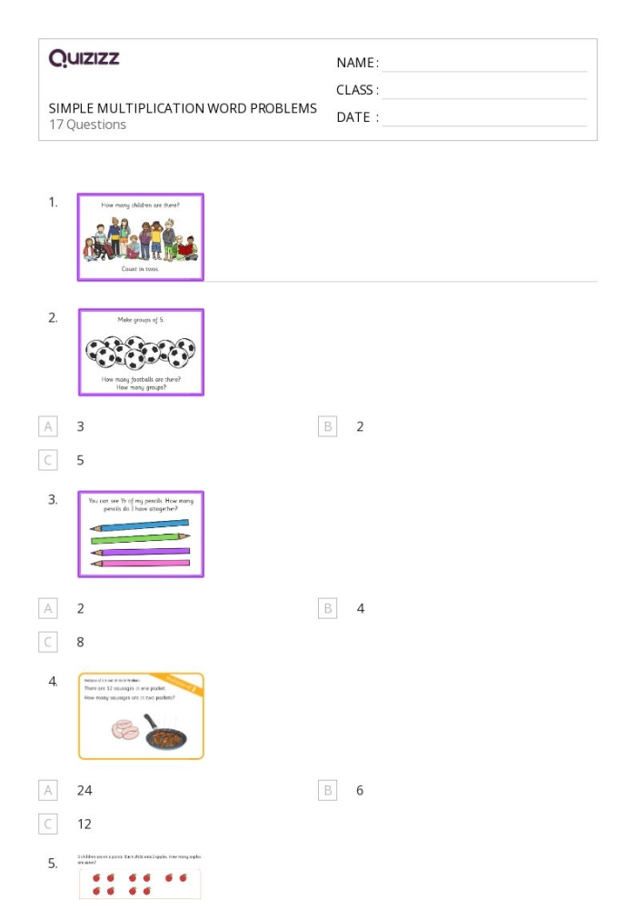 A colorful fourth grade math worksheet featuring animal-themed multiplication word problems