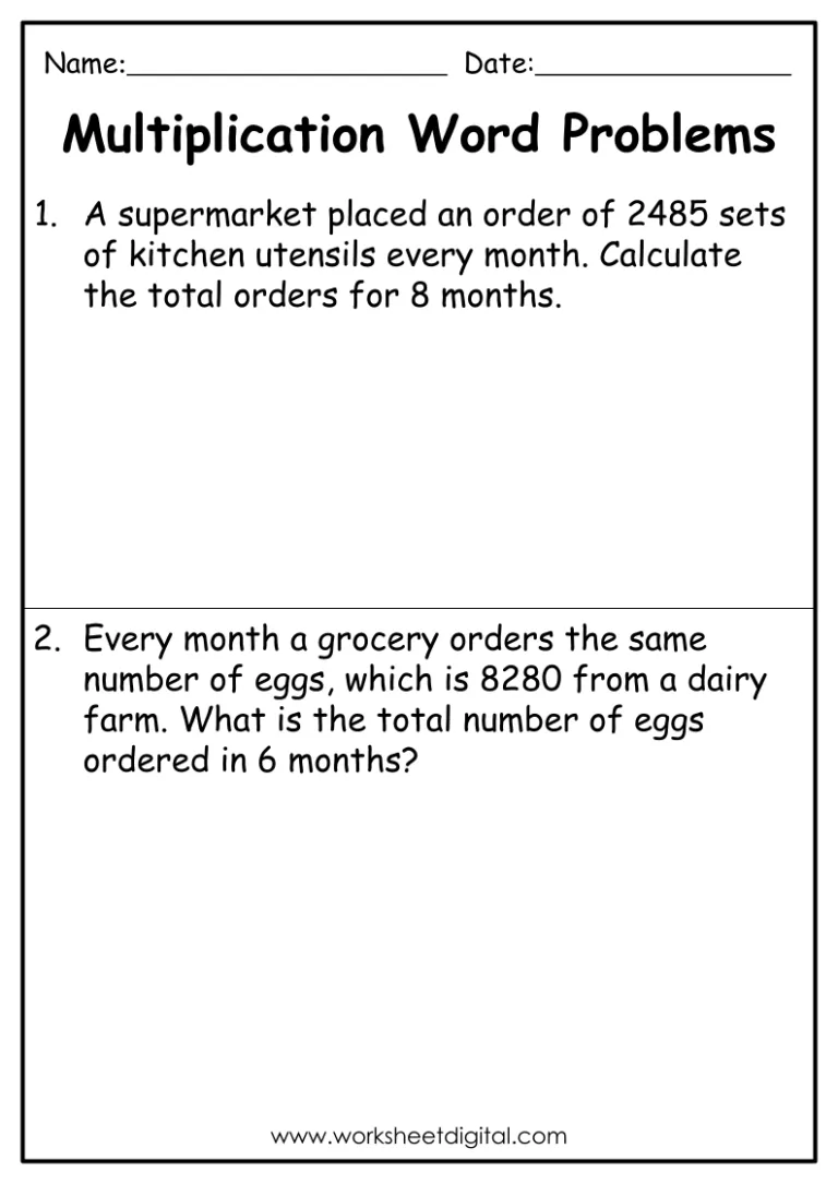 Fourth grade multiplication word problem worksheet featuring animal-themed scenarios with multi-digit numbers