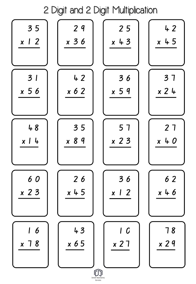 Fourth grade math worksheet featuring a variety of 2-digit by 1-digit multiplication problems for students