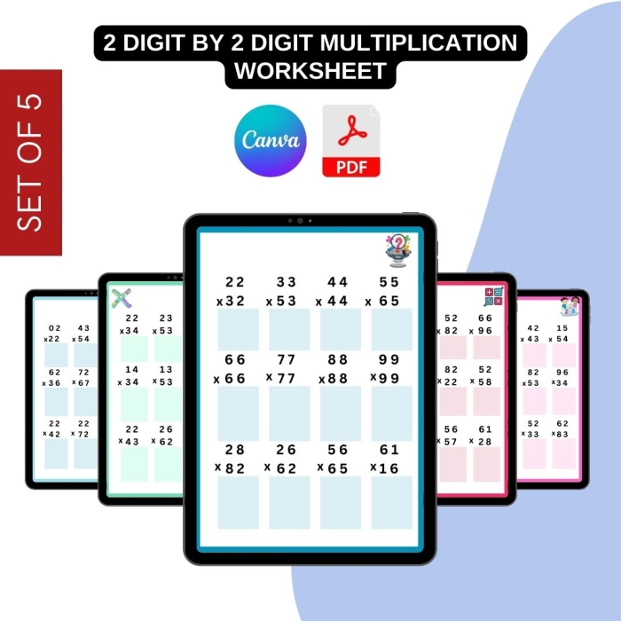 Fourth grade math worksheet featuring 2-digit by 2-digit multiplication problems