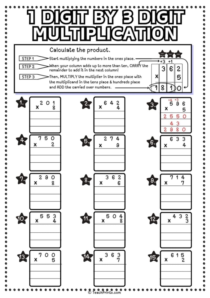 Worksheet featuring 3-digit multiplication problems designed for fourth-grade students 3-digit by 1-digit multiplication worksheet for fourth graders to practice math skills