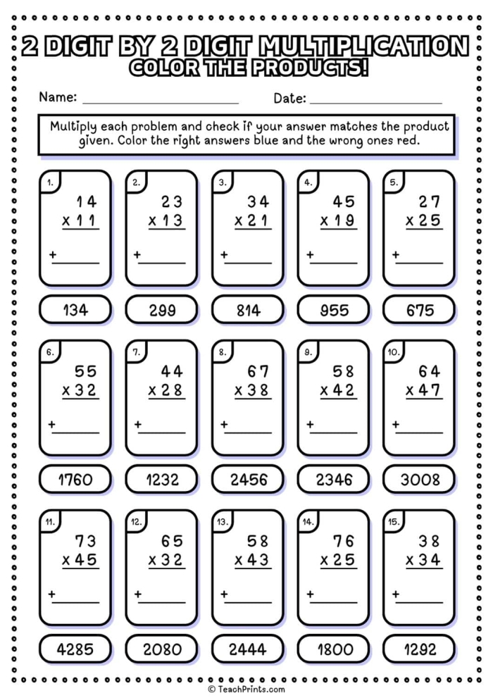 Fourth grade math worksheet featuring a variety of two-digit by two-digit multiplication problems for students to solve