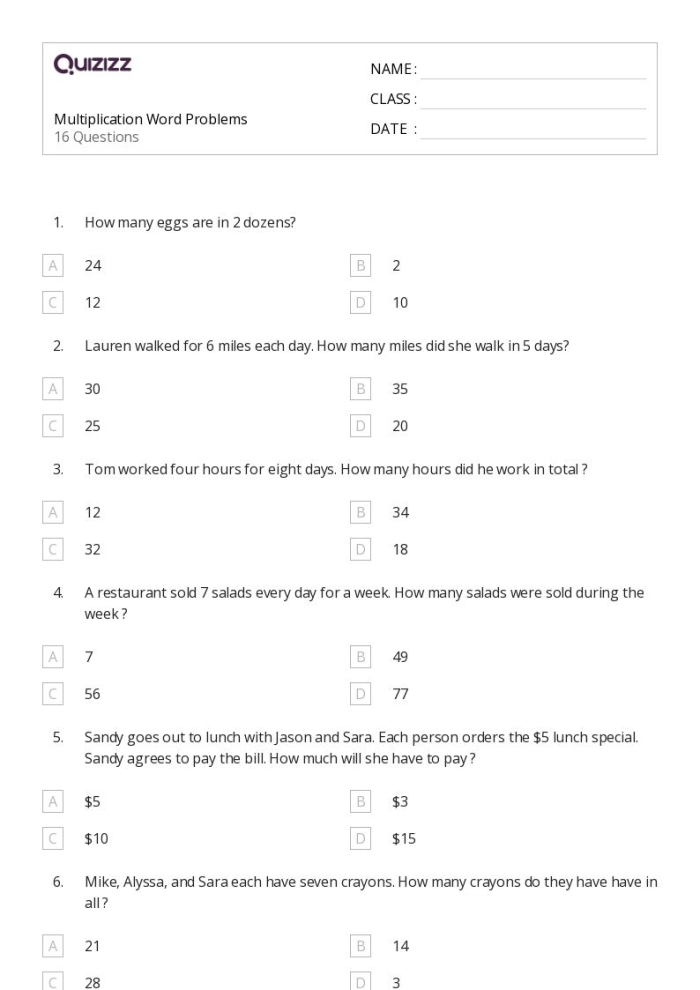 Measurement worksheet for Fourth Grade Classroom Math: Multiplication Word Problems worksheet for Fourth Grade