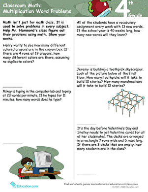 Classroom Math Multiplication Word Problems Worksheet Three Fourth grade multiplication word problems worksheet featuring five two-digit math challenges