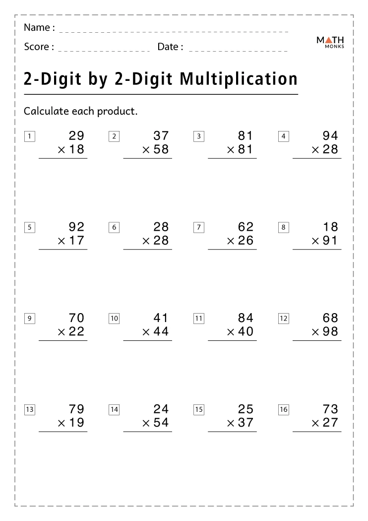 Double-Digit Multiplication Worksheet for Grade 4 Practice Fourth grade student completing a double-digit multiplication worksheet with space to show work
