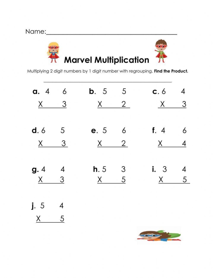 Multiplication regrouping worksheet for fourth graders featuring two-digit problems
