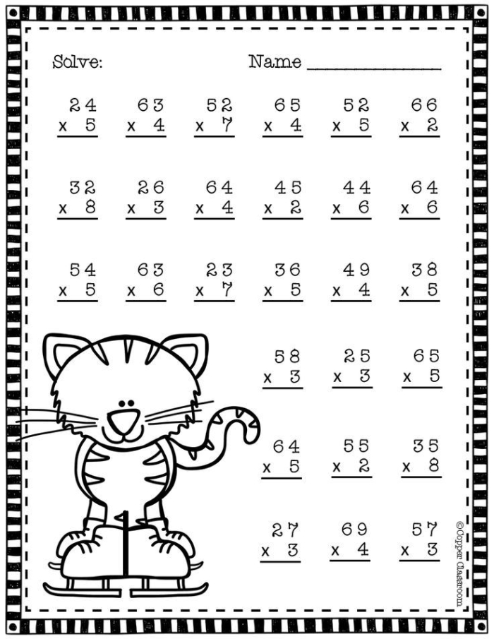 Multiplication regrouping worksheet designed for fourth graders with two pages of practice problems