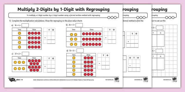 Fourth grade student completing a two-page multiplication regrouping math practice worksheet