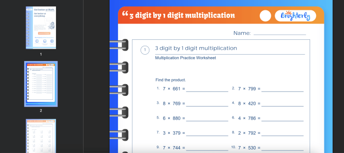 Image title: 3-Digit by 1-Digit Multiplication worksheet for enhancing math skills. ALT text: Engaging multiplication worksheet for practicing 3-digit by 1-digit problems designed for fourth graders.