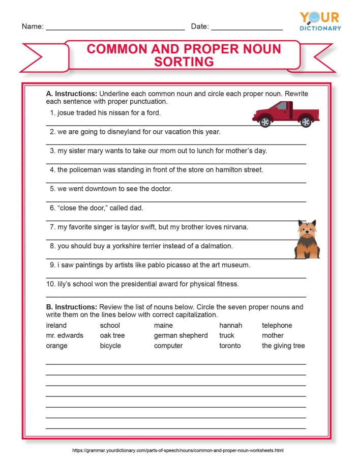 Fourth grade worksheet featuring a practice exercise on identifying and categorizing common and proper nouns