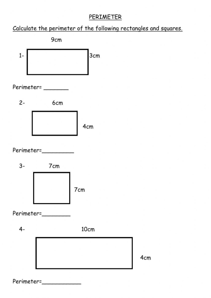 Find the perimeter of rectangles activity sheet for Grade 4 students Worksheet for calculating the perimeter of rectangles for fourth graders