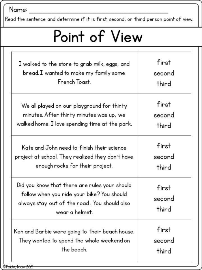 Fourth grade student completing a point of view literacy worksheet for algebra prep