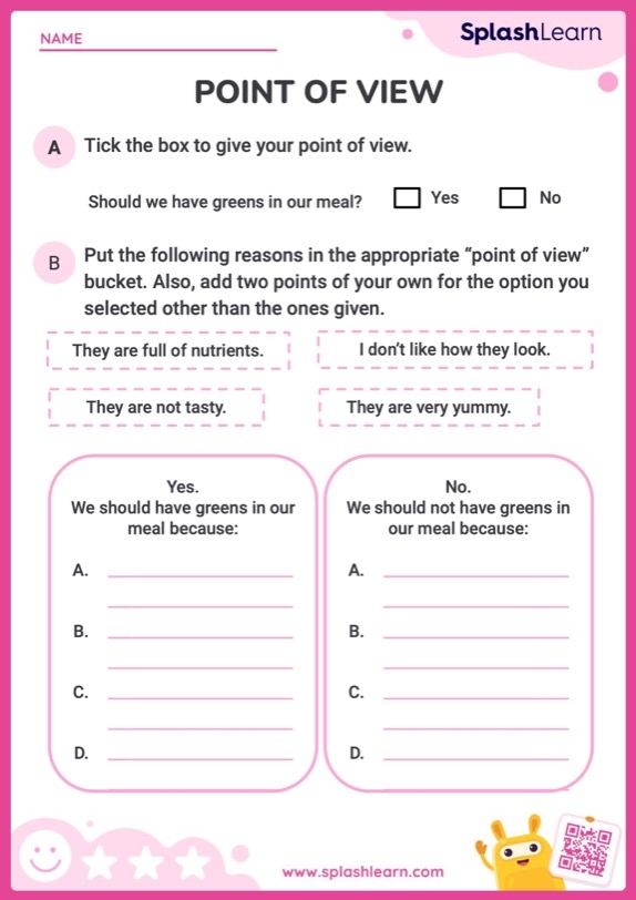 A fourth-grade student working on a point of view worksheet in algebra class
