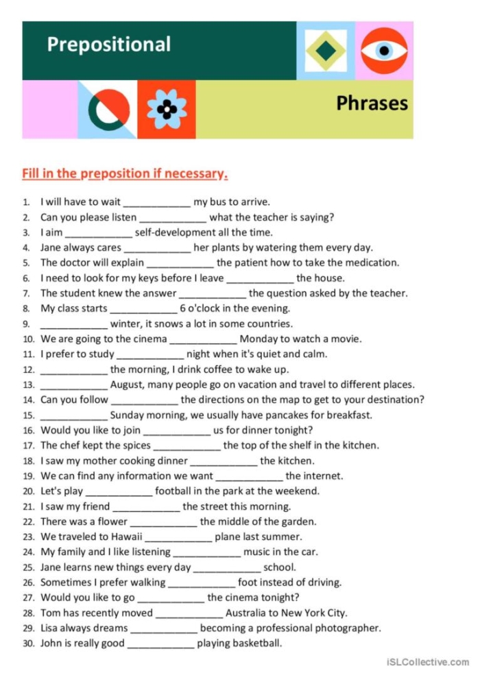 Fourth grade grammar worksheet featuring practice exercises for identifying prepositions and prepositional phrases