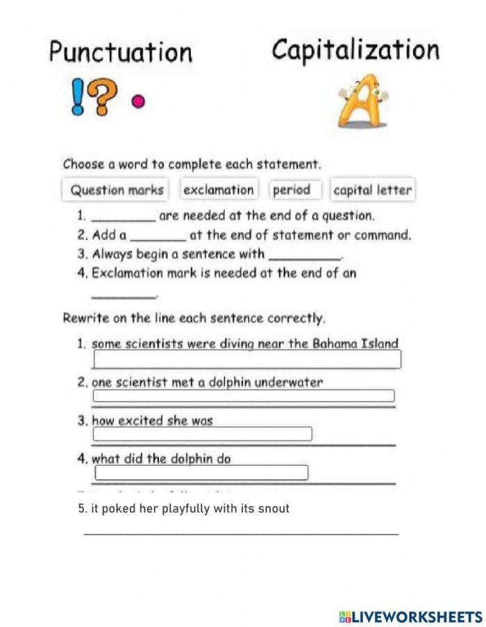 Worksheet focusing on quotation marks, punctuation, and capitalization for fourth graders