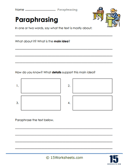 Fourth grade student completing a paraphrasing practice worksheet to improve reading comprehension