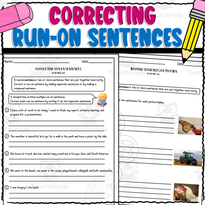 Fourth grade student completing a geography themed run-on sentence correction worksheet