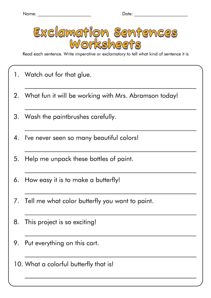 The Four Types of Sentences Handwriting Practice Sheet for ELs Worksheet illustrating the four types of sentences for fourth-grade students learning handwriting